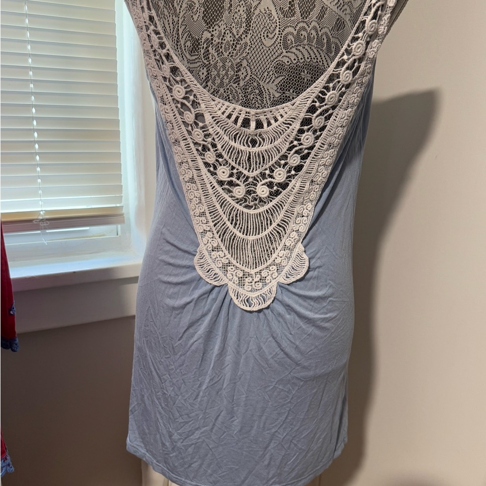 POL Blue Tank Top with White Crochet Back